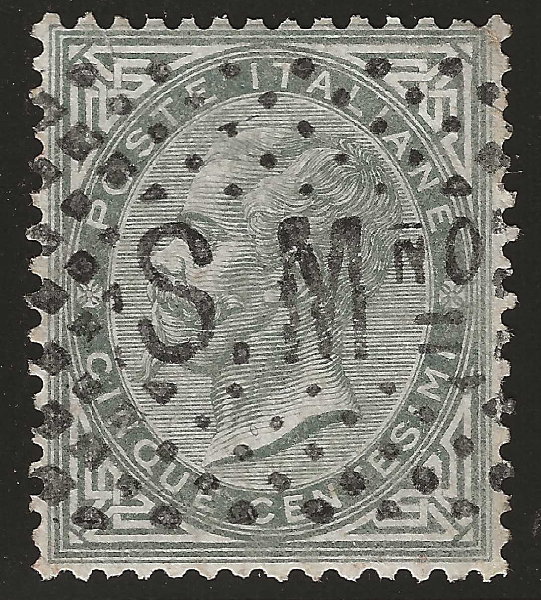 Regno d'Italia - Francobollo da 5 cent. tiratura di Torino con annullo a griglia di San Marino