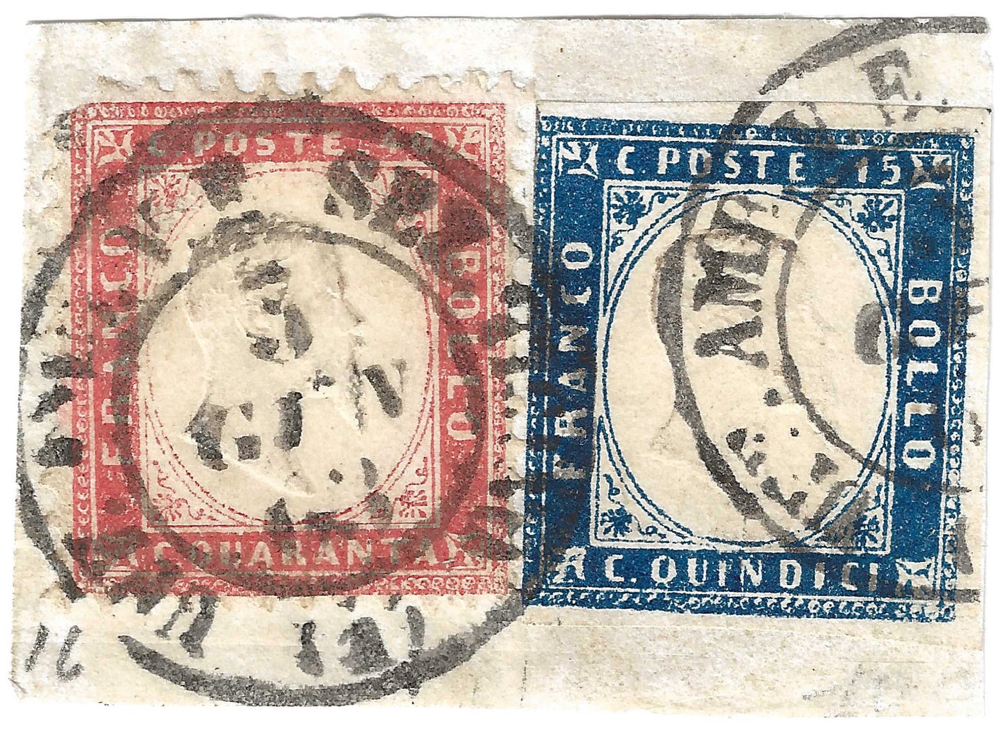 1863 Regno d'Italia frammento misto 15 c. Sardegna e 40 cent. dentellato 1862