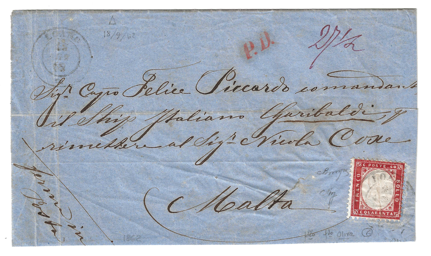 1862 Regno d'Italia - 40 cent. dentellato su frontespizio da Loano a Malta