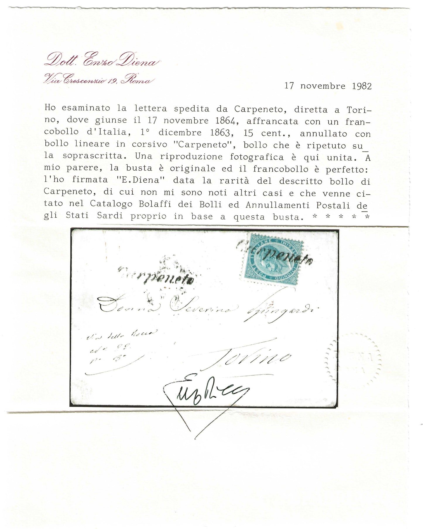 1864 Regno d'Italia - Piego con francobollo da 15 c. De La Rue e raro annullo corsivo nero di Carpeneto