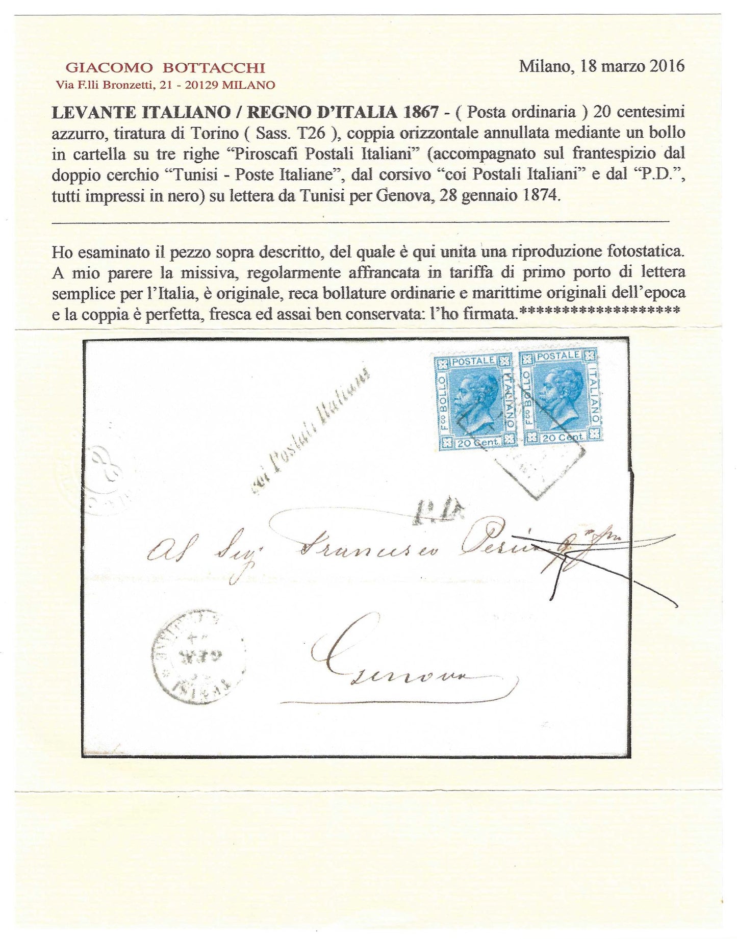 1867 Regno d'Italia - Coppia 20 c. Bigola su piego con annulli PIROSCAFI POSTALI ITALIANI e TUNISI