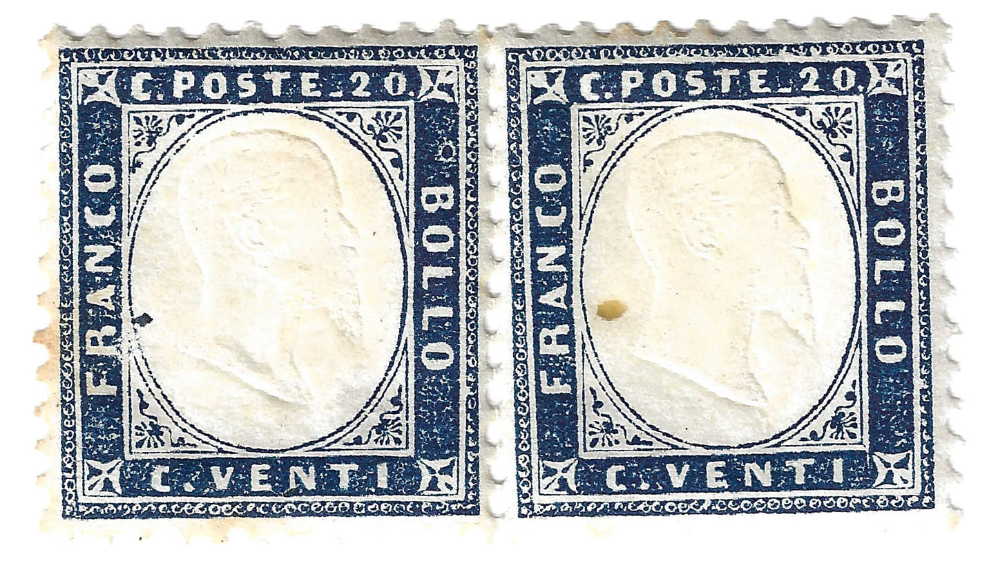 1862 Regno d'Italia - Coppia di francobolli da 20 cent. indaco effigie Vittorio Emanuele II MH*