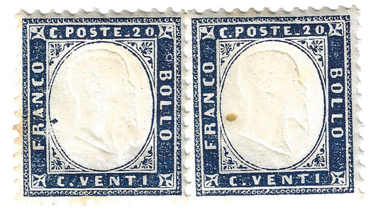 1862 Regno d'Italia - Coppia di francobolli da 20 cent. indaco effigie Vittorio Emanuele II MH*