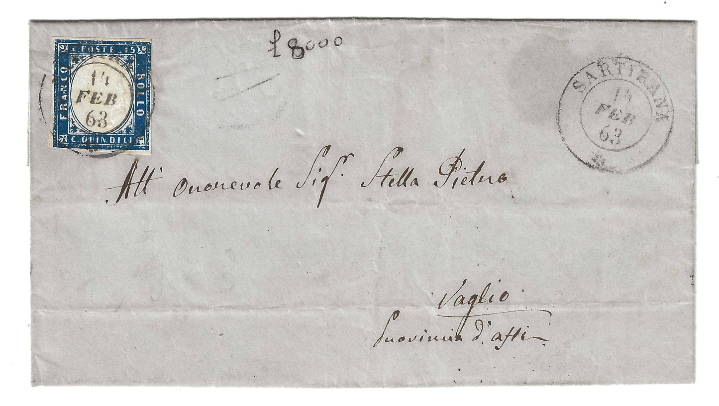1863 Regno d'Italia - Francobollo da 15 c. tipo Sardegna su piego con annullo di SARTIRANA