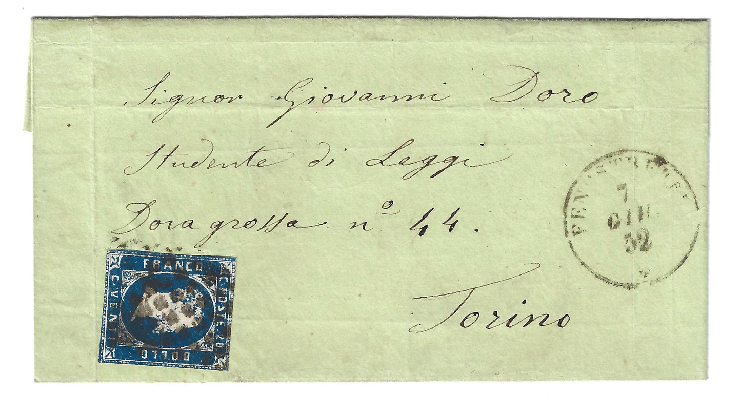 1851 Regno di Sardegna - Piego da FENESTRELLE a Torino con francobollo da 20 c. taglio lilliput