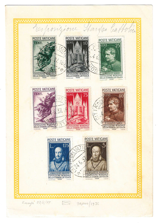 1936 Città del Vaticano - Foglietto filatelico annullato con francobolli serie Stampa Cattolica