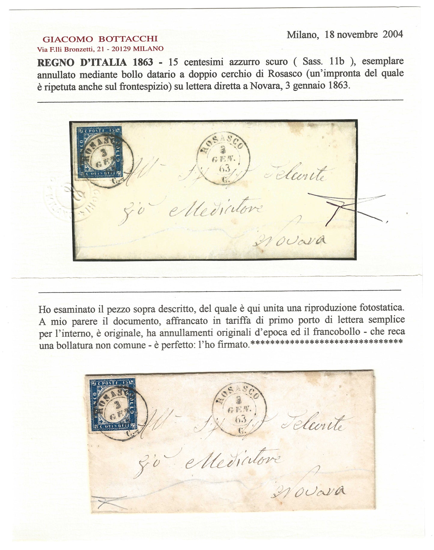 1863 Regno d'Italia - Piego da ROSASCO a Novara con francobollo da 15 c. tipo Sardegna usato nel 3° giorno d'uso