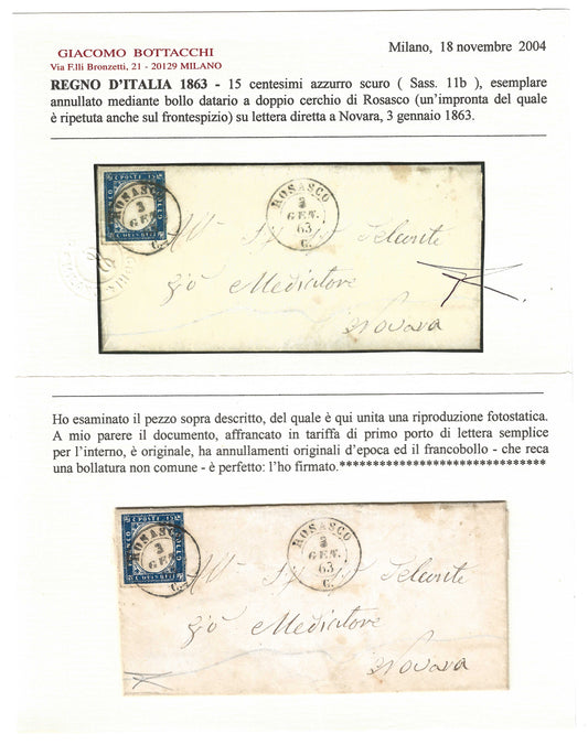 1863 Regno d'Italia - Piego da ROSASCO a Novara con francobollo da 15 c. tipo Sardegna usato nel 3° giorno d'uso