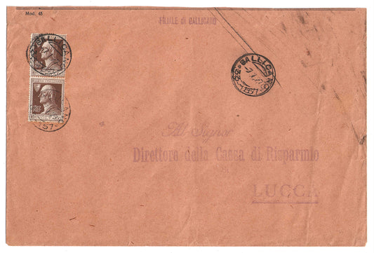 1927 Regno d'Italia Busta per Lucca da Gallicano con coppia francobolli 60 c. serie Alessandro Volta