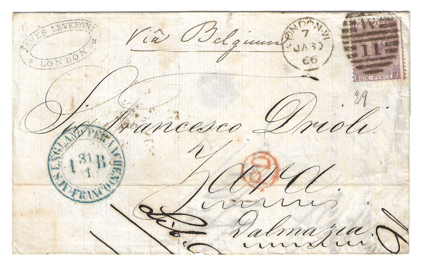 1865 Gran Bretagna - Francobollo da 6 p. violetto su piego di lettera per la Dalmazia