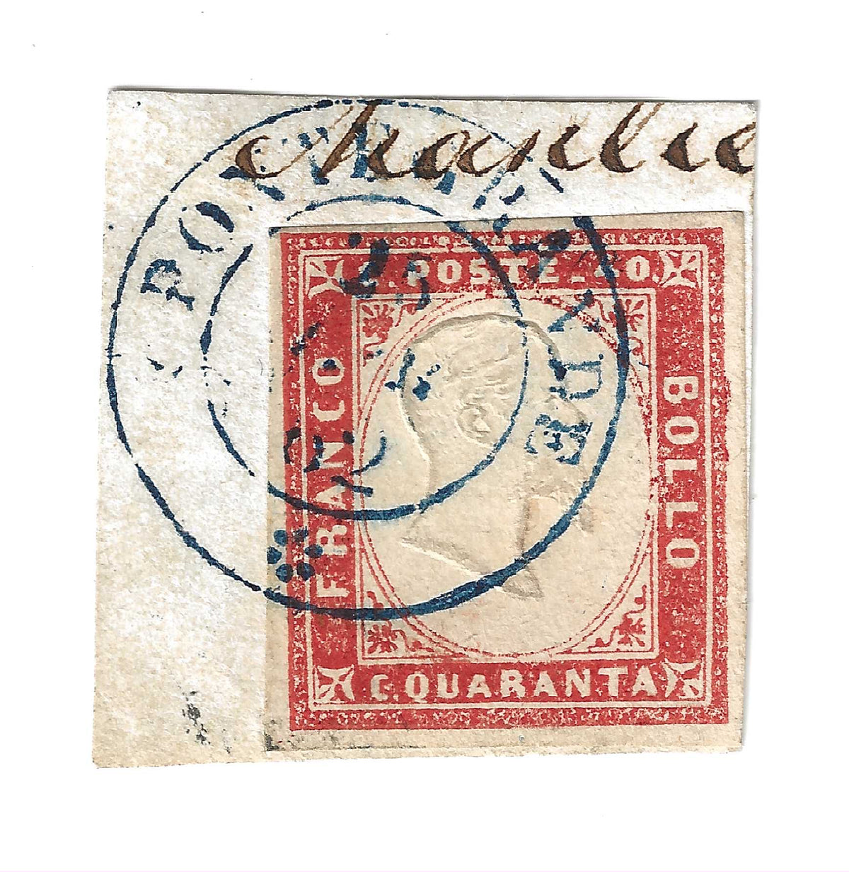 1862 Regno di Sardegna - Frammento con francobollo da 40 c. rosso vermiglio annullo di Pontegrande