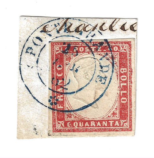 1862 Regno di Sardegna - Frammento con francobollo da 40 c. rosso vermiglio annullo di Pontegrande