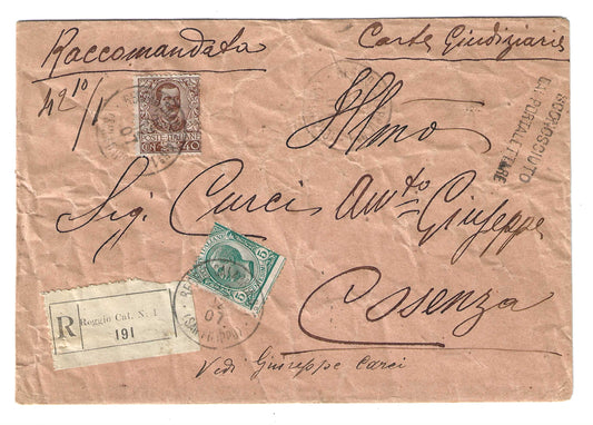 1901 Regno d'Italia Busta raccomandata per Cosenza con francobollo 40 c. Floreale e bollo Sconosciuto al Portalettere