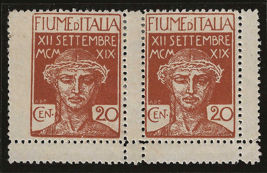 1920 Fiume - Coppia francobolli Ingresso Legionari FIUME d'ITALIA con interspazio rarità MH*
