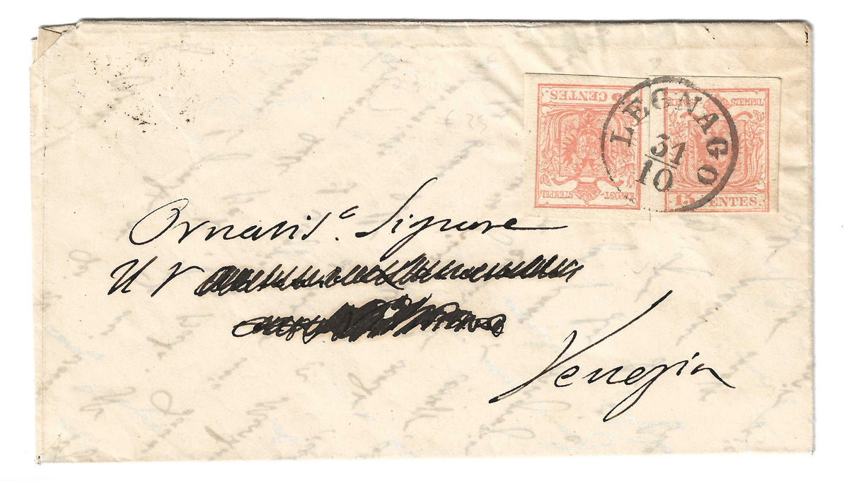 1854 Lombardo Veneto - Coppia francobolli da 15 c. I emissione tipo III annullo di Legnago