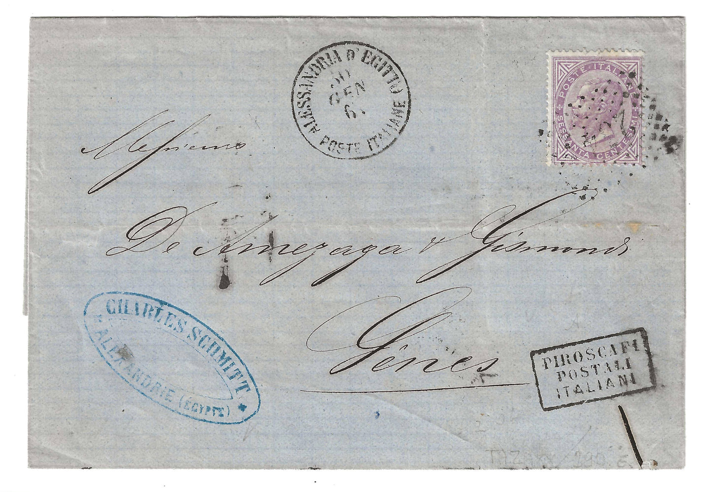1867 Regno d'Italia - Piego per Genova con francobollo da 60 c. DLR con raro annullo Alessandria d'Egitto senza ore