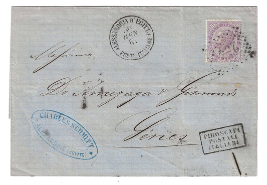 1867 Regno d'Italia - Piego per Genova con francobollo da 60 c. DLR con raro annullo Alessandria d'Egitto senza ore