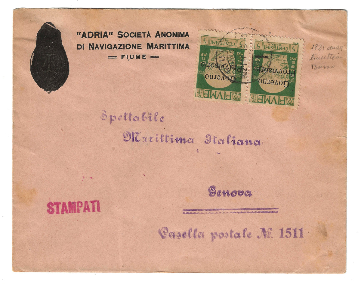 1921 Fiume - Busta per Genova con coppia francobolli da 5 c. Governo Provvisorio senza trattino