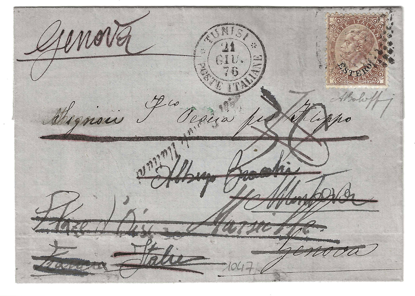 1876 Regno d'Italia - Lettera con rispedizioni varie e francobollo da 30 c. Estero e annullo COI POSTALI ITALIANI