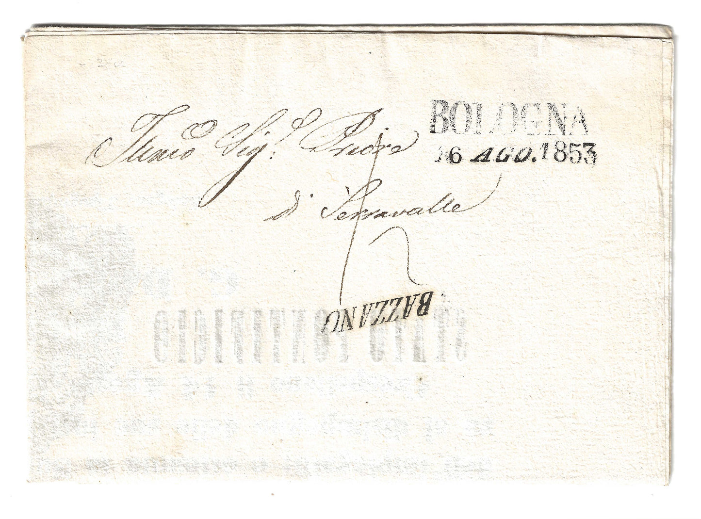 1853 Stato Pontificio - Bando da Crespellano a Serravalle con francobollo da ½ baj. e BOLOGNA