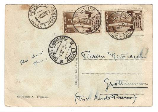 1933 Regno d'Italia Cartolina per Grottammare con coppia francobolli 10 c. Giochi Universitari Internazionali