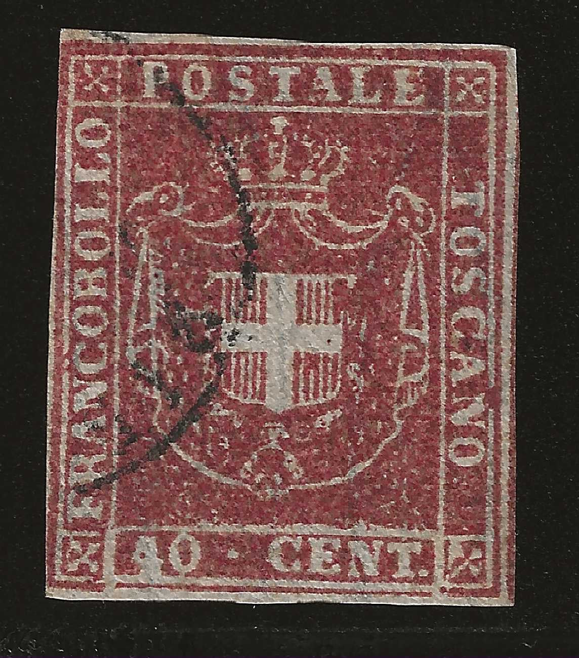1860 Granducato di Toscana - Francobollo da 40 c. carminio Governo Provvisorio grandi margini usato Bottacchi