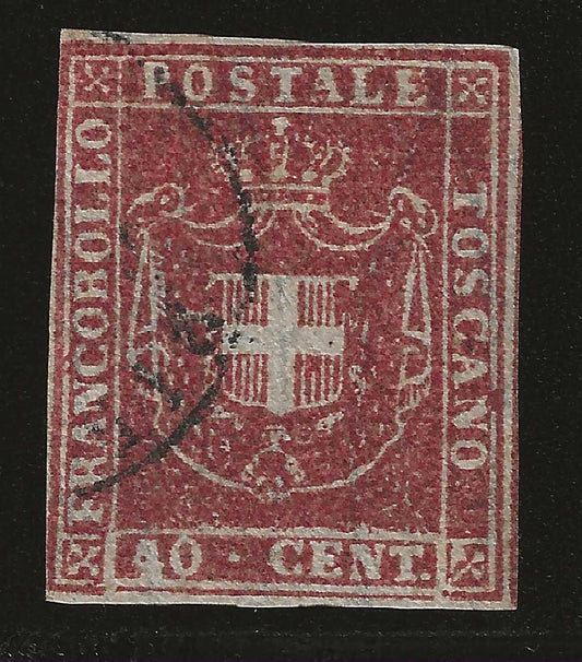 1860 Granducato di Toscana - Francobollo da 40 c. carminio Governo Provvisorio grandi margini usato Bottacchi
