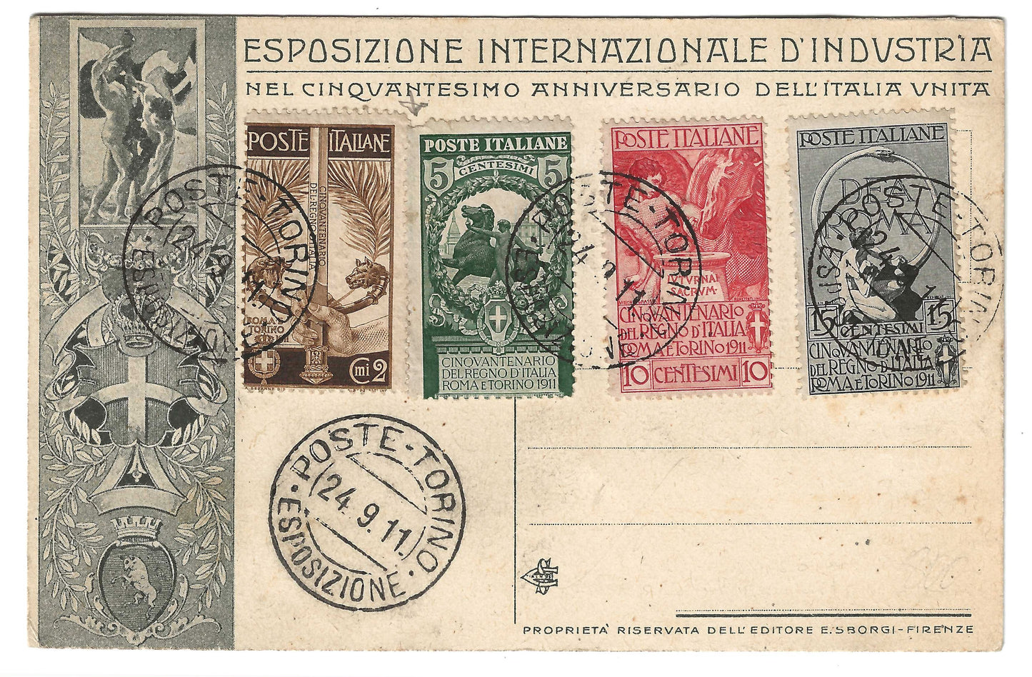 1911 Regno d'Italia - Cartolina non in tariffa con francobolli commemorativi serie Unità d'Italia
