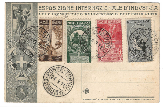 1911 Regno d'Italia - Cartolina non in tariffa con francobolli commemorativi serie Unità d'Italia
