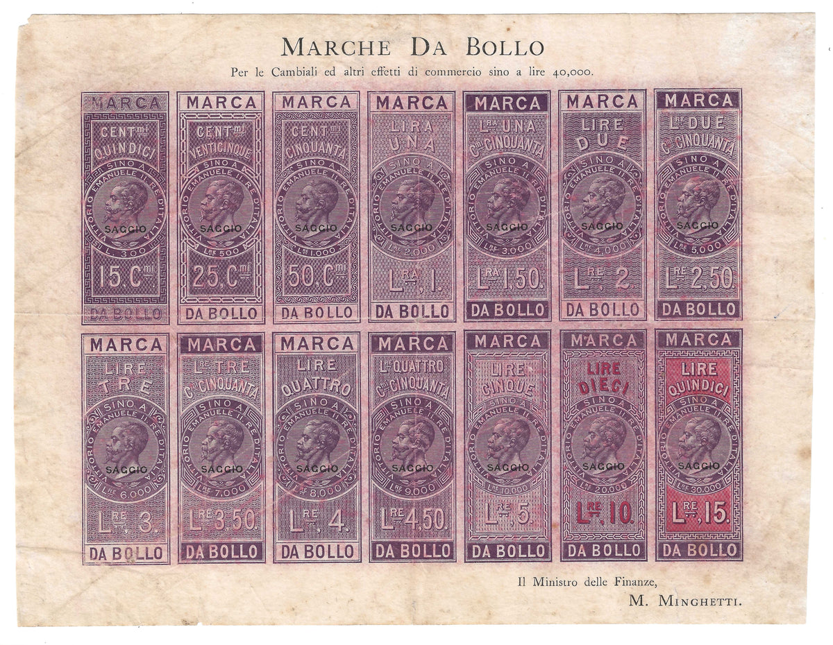 Regno d'Italia - Foglietto Saggio marche da bollo e cambiali Minghetti