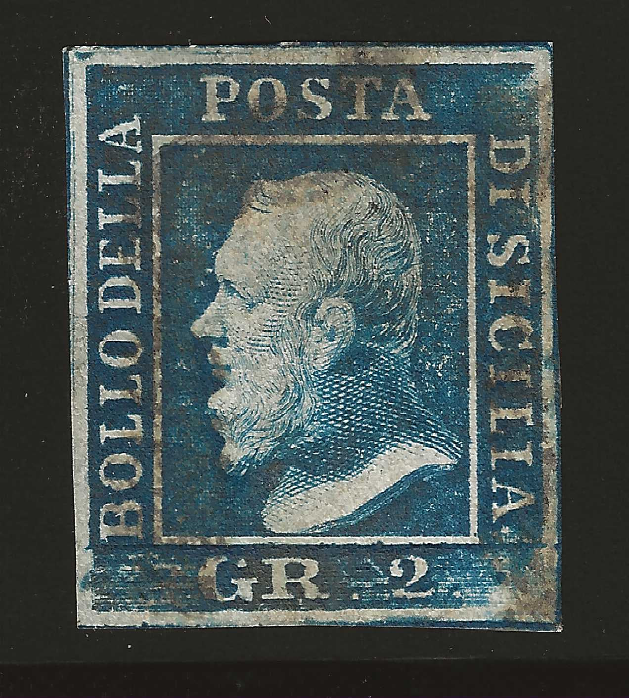 1859 Sicilia - Francobollo ad 2 grana azzurro vivo I tavola posizione 88 con ritocco punto chiaro