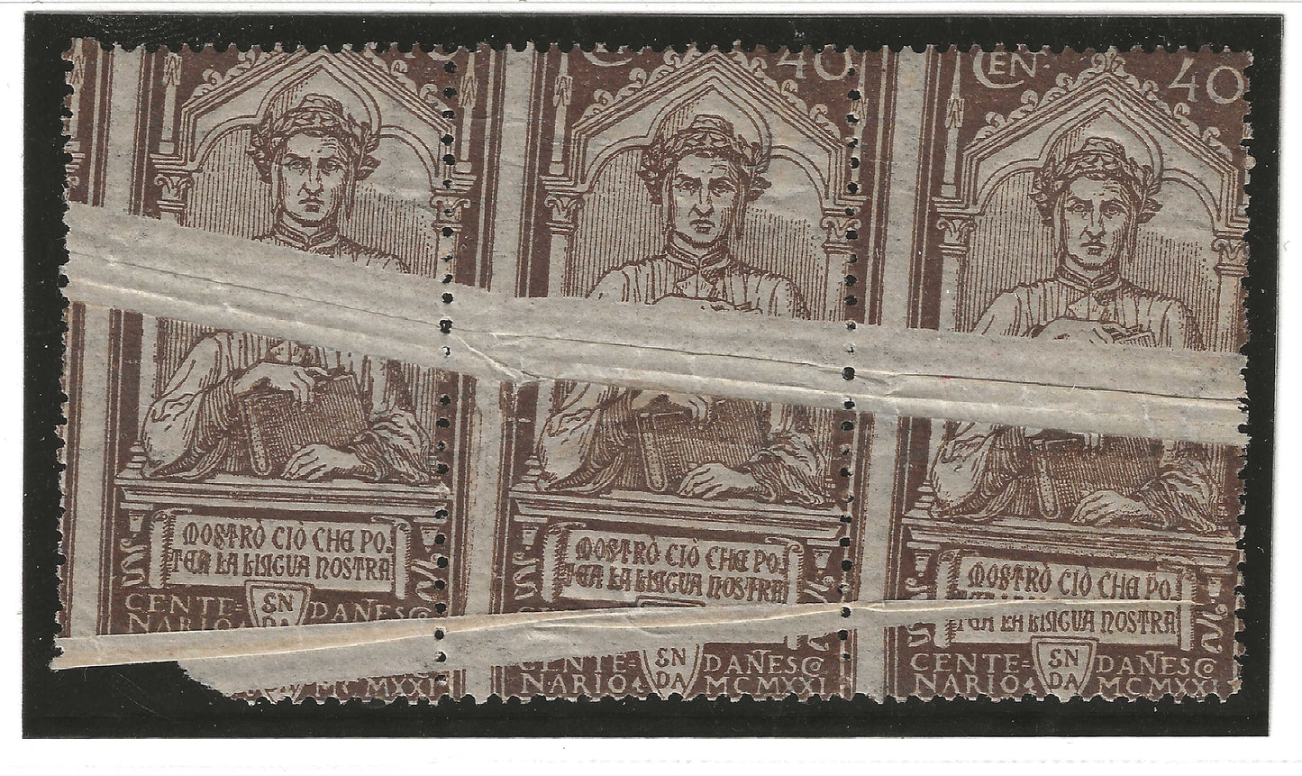 1921 Regno d'Italia - Striscia di francobolli da 40 c. della serie Dante con varietà doppia piega di carta MH*
