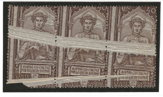 1921 Regno d'Italia - Striscia di francobolli da 40 c. della serie Dante con varietà doppia piega di carta MH*