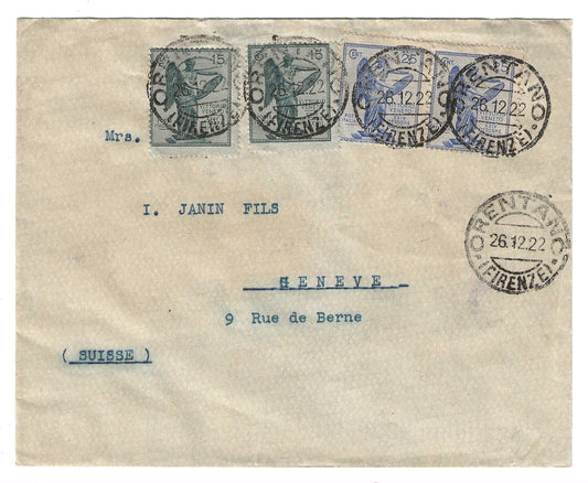 1922 Regno d'Italia Busta per la Svizzera con francobolli 15 e 25 c. della serie anniversario della Vittoria