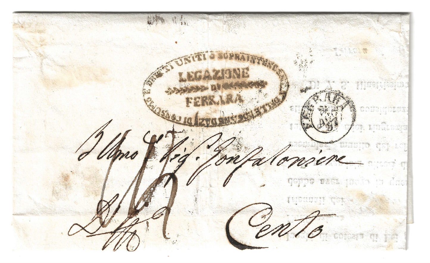 1857 Stato Pontificio - Involucro da Ferrara a Cento porto segnato con coppia francobolli da 7 baj.