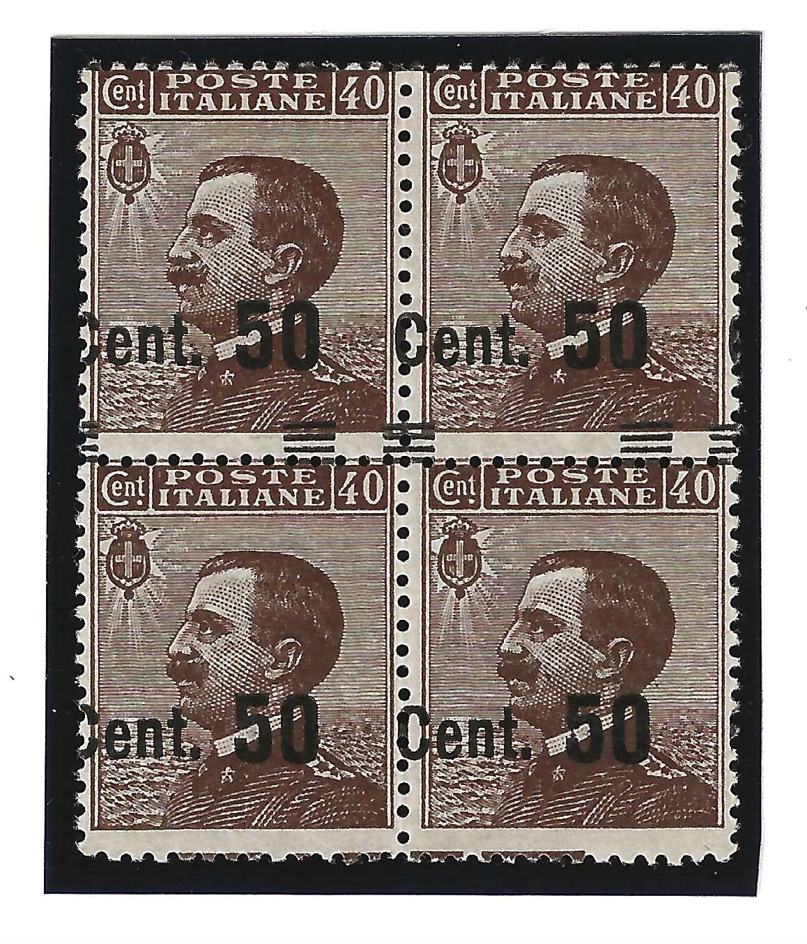 1923 Regno d'Italia - Blocco di francobolli da 50 su 40 c. michetti soprastampa spostata MNH**