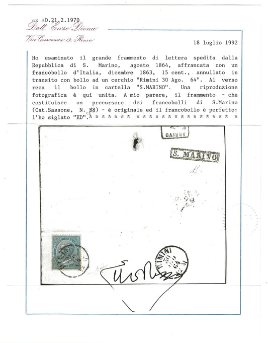 1864 Regno d'Italia Frammento con annullo in cartella S. Marino e francobollo da 15 cent. serie De La Rue