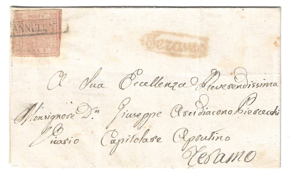 1858 Regno di Napoli - Francobollo da 1 grana isolato su lettera per città da Teramo