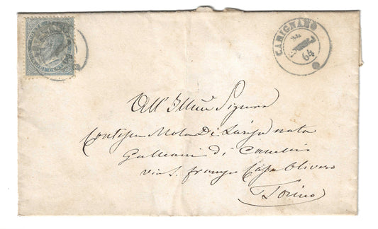 1864 Regno d'Italia - Francobollo da 15 c. De La Rue su lettera con annullo azzurro Carignano raro