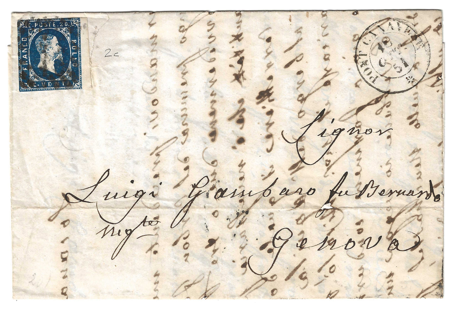 1851 Regno di Sardegna - Piego da PONT CANAVESE a Genova con francobollo da 20 c. I emissione bordo
