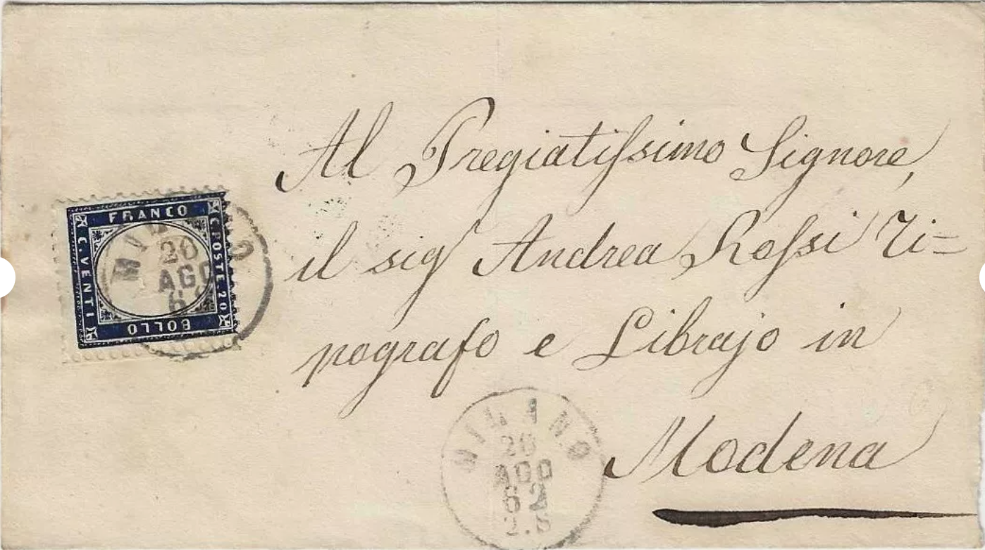 1862 Regno d'Italia - 20 c. indaco bordo foglio su piego per Modena