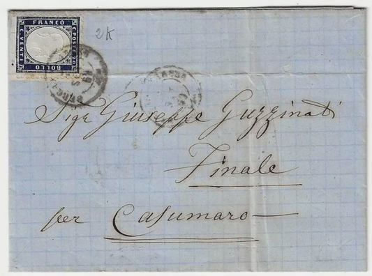 1862 Regno - 20 c. indaco bordo foglio non dentellato in basso Bergamo Bassa