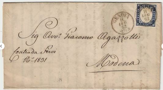 1862 Regno - 20 c. indaco effigie Vittorio Emanuele II bordo foglio su lettera