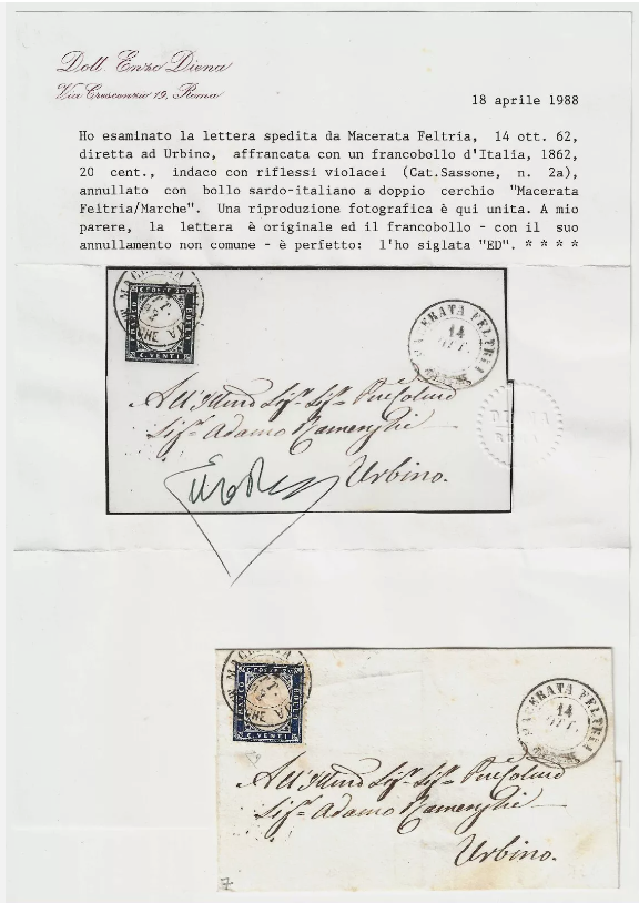 1862 Regno d'Italia - 20 c. indaco su piego annullo Macerata Feltria/Marche