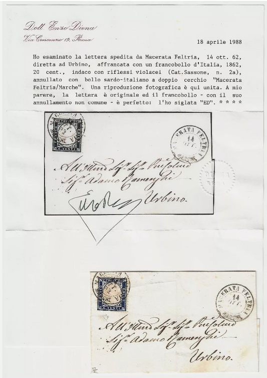 1862 Regno d'Italia - 20 c. indaco su piego annullo Macerata Feltria/Marche