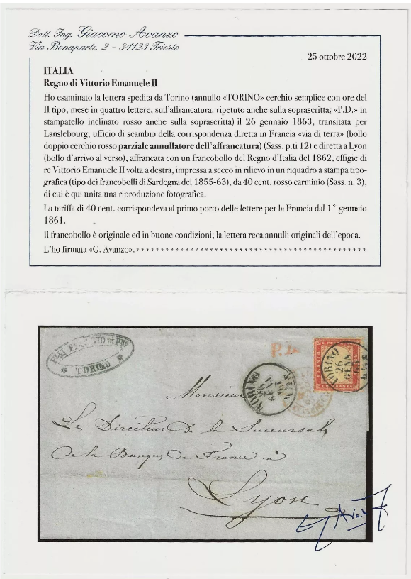 1862 Regno d'Italia- 40 c. carminio su lettera per Lione bollo annullatore rosso