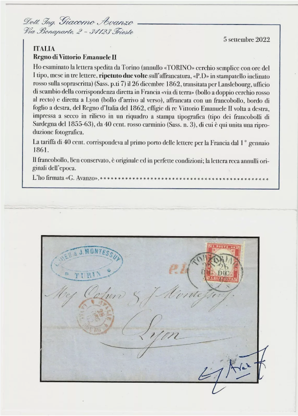 1862 Regno d'Italia - 40 c. rosso carminio bordo foglio su lettera per Lione