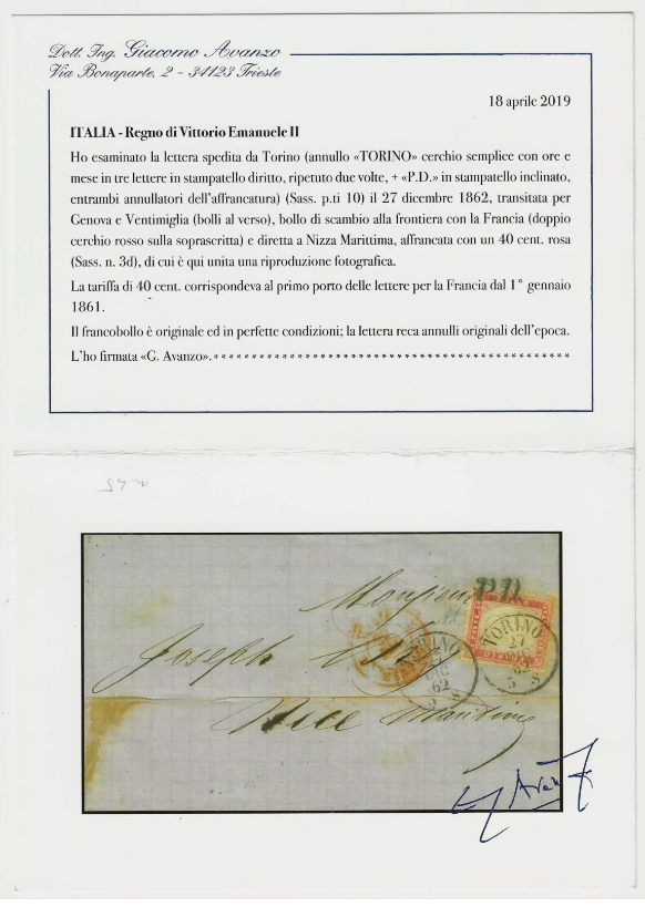 1862 Regno d'Italia - 40 c. rosa su lettera per Nizza con bolli P.D. e Torino