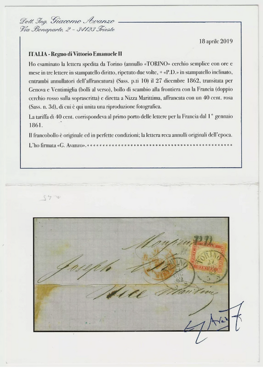 1862 Regno d'Italia - 40 c. rosa su lettera per Nizza con bolli P.D. e Torino