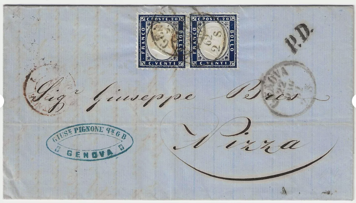 1862 Regno d'Italia - Coppia 20 c. indaco su lettera per Nizza